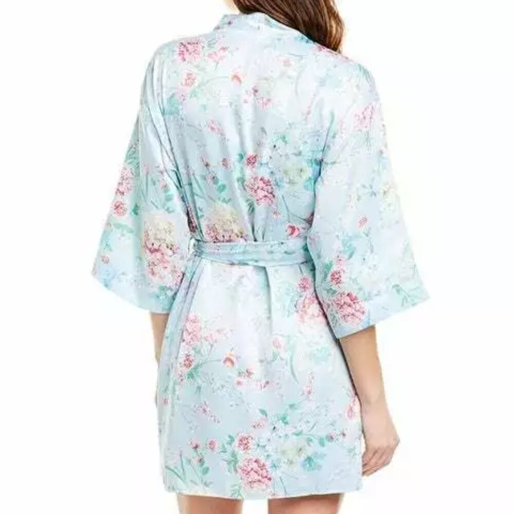 NEW Flora Nikrooz Women Satin Floral Charmeuse Light Blue Short Lounge Robe - Picture 2 of 3